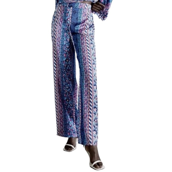 Zara Pants Satin Effect Boho Wide Leg Floral Print Pants Women’s Size XS - Picture 3 of 16
